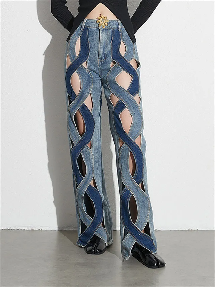 Ladies Metallic Flower Contrast Color Cutout Jeans