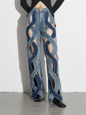 Ladies Metallic Flower Contrast Color Cutout Jeans