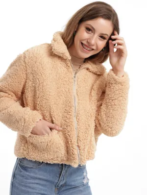 Ladies Oversized Zip Through Teddy Jacket - Cream