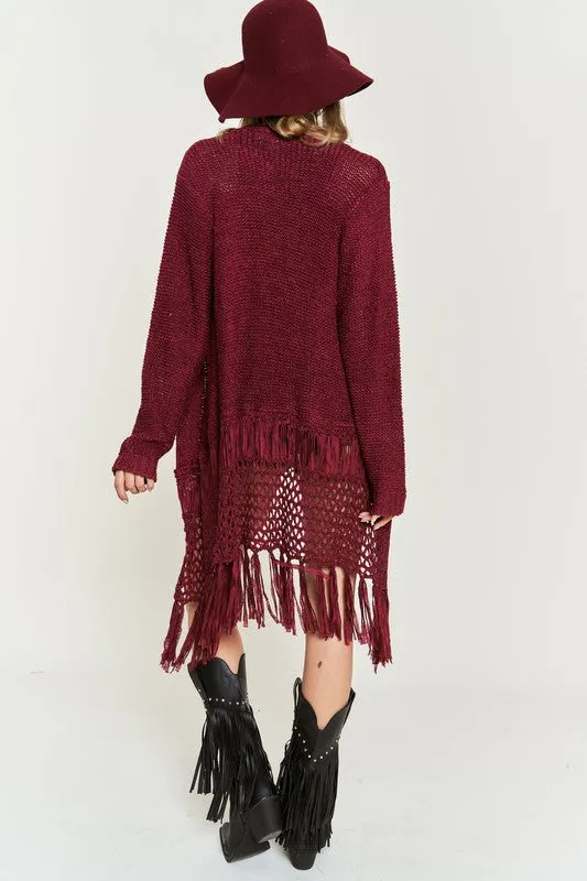 Latoya Curvy Plus Fringe Knit Cardigan - Open Front, Ruby, Denim, Cream