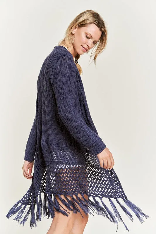 Latoya Curvy Plus Fringe Knit Cardigan - Open Front, Ruby, Denim, Cream