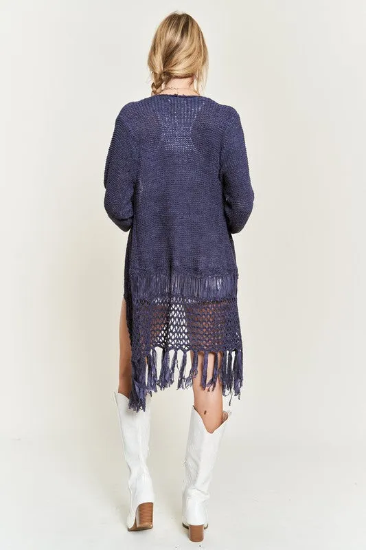 Latoya Curvy Plus Fringe Knit Cardigan - Open Front, Ruby, Denim, Cream