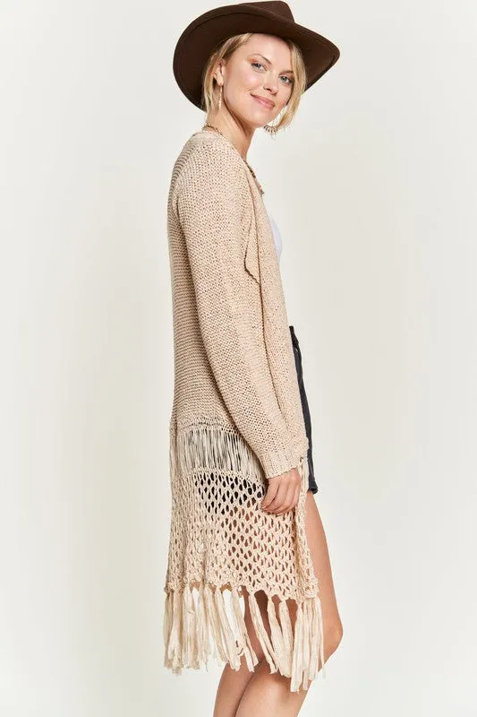 Latoya Curvy Plus Fringe Knit Cardigan - Open Front, Ruby, Denim, Cream