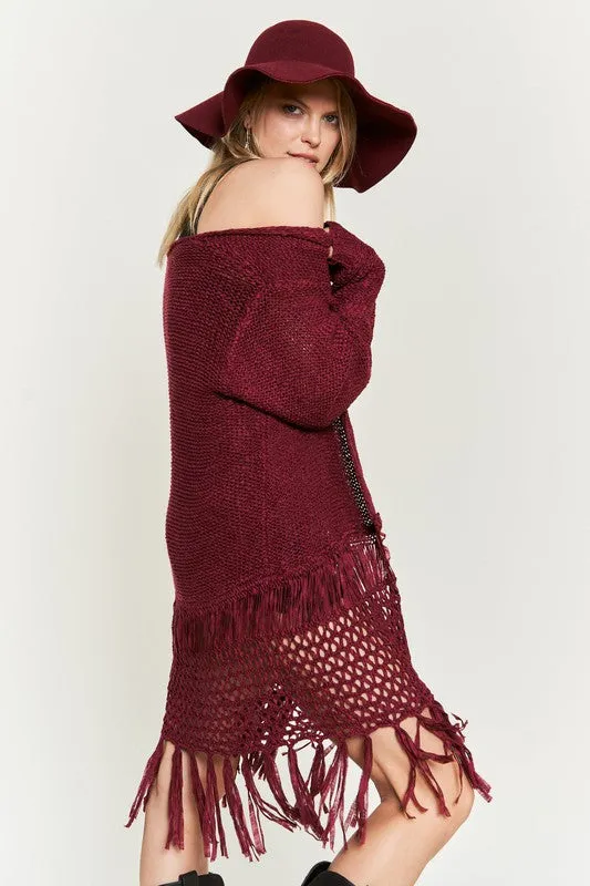 Latoya Curvy Plus Fringe Knit Cardigan - Open Front, Ruby, Denim, Cream