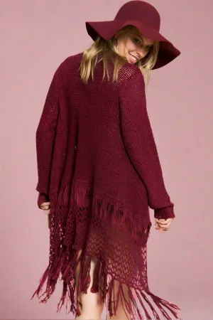 Latoya Curvy Plus Fringe Knit Cardigan - Open Front, Ruby, Denim, Cream