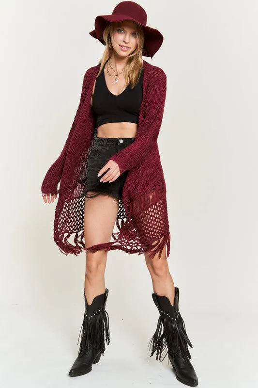 Latoya Curvy Plus Fringe Knit Cardigan - Open Front, Ruby, Denim, Cream