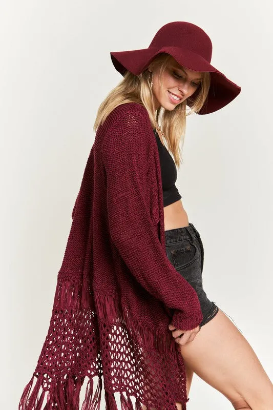 Latoya Curvy Plus Fringe Knit Cardigan - Open Front, Ruby, Denim, Cream