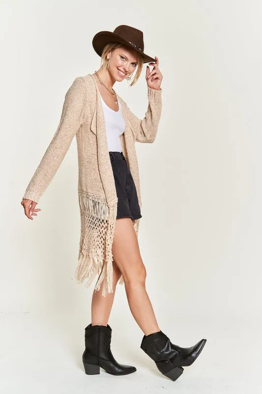 Latoya Curvy Plus Fringe Knit Cardigan - Open Front, Ruby, Denim, Cream