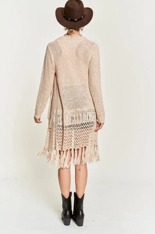 Latoya Curvy Plus Fringe Knit Cardigan - Open Front, Ruby, Denim, Cream