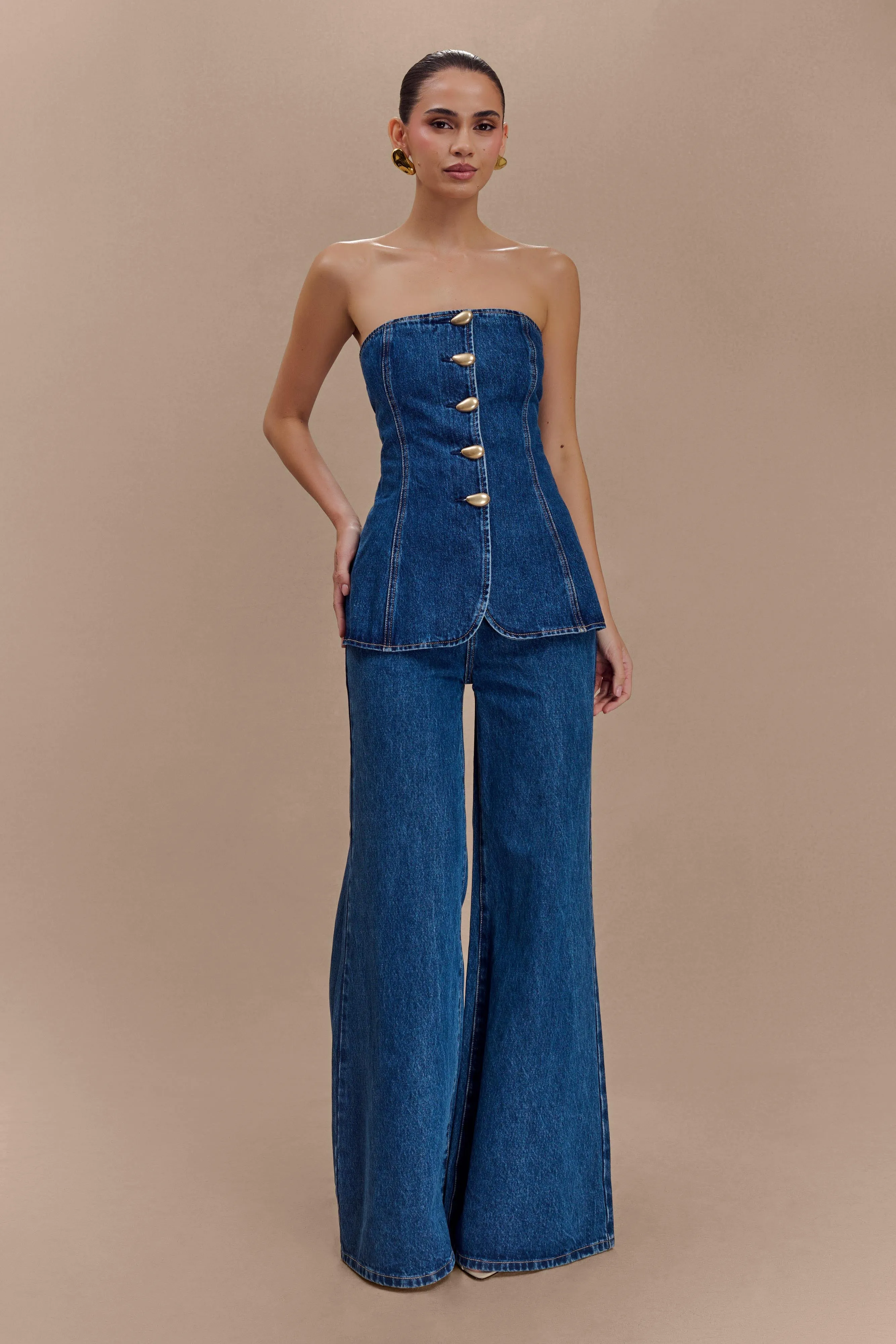 Lennox Strapless Long Line Button Top - Dark Blue