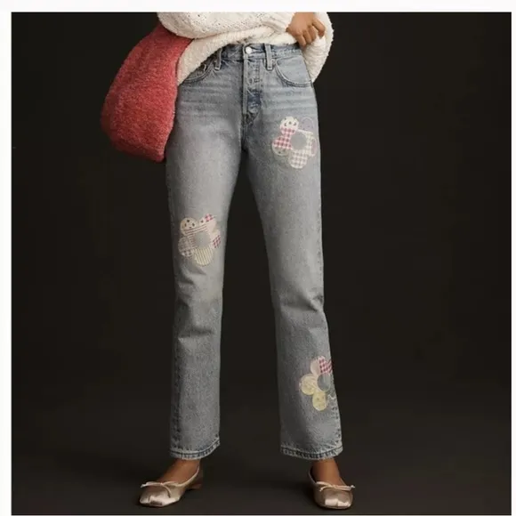 Levi's 501 High Rise Straight Leg Jeans Floral Daisy Patchwork Size 27