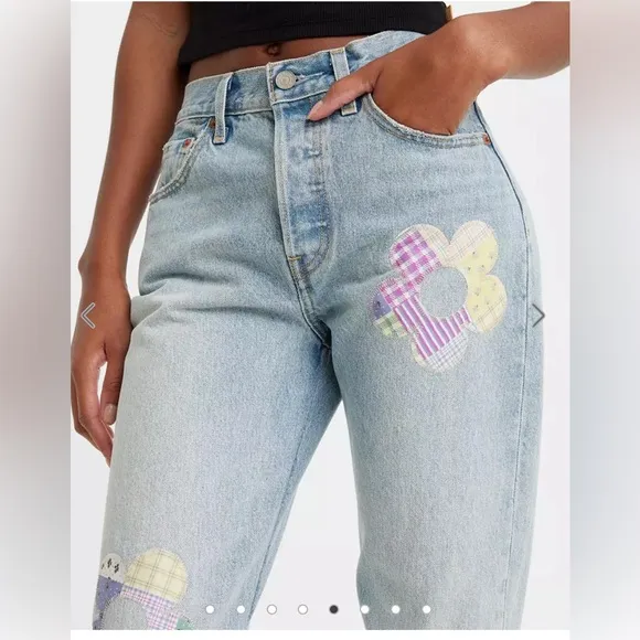 Levi's 501 High Rise Straight Leg Jeans Floral Daisy Patchwork Size 27