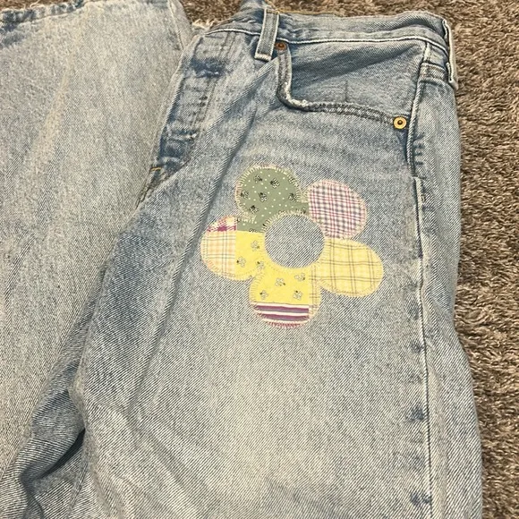 Levi's 501 High Rise Straight Leg Jeans Floral Daisy Patchwork Size 27