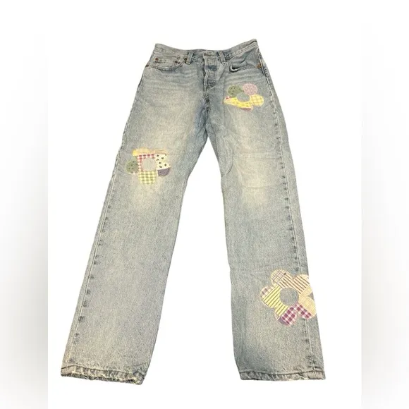Levi's 501 High Rise Straight Leg Jeans Floral Daisy Patchwork Size 27