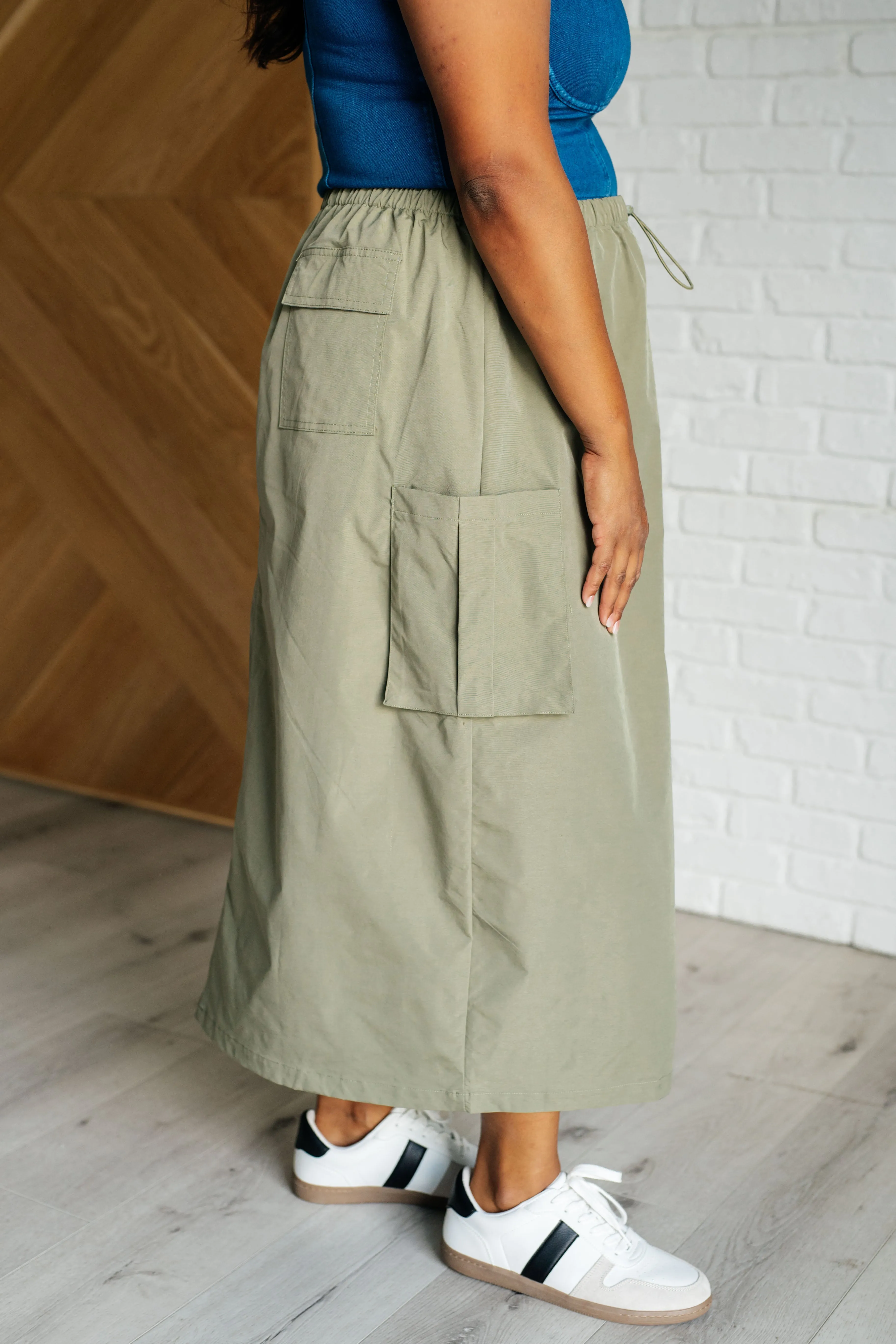 Lexi Cargo Skirt - Sage Green,  Midi, Pockets, Drawstring Waist