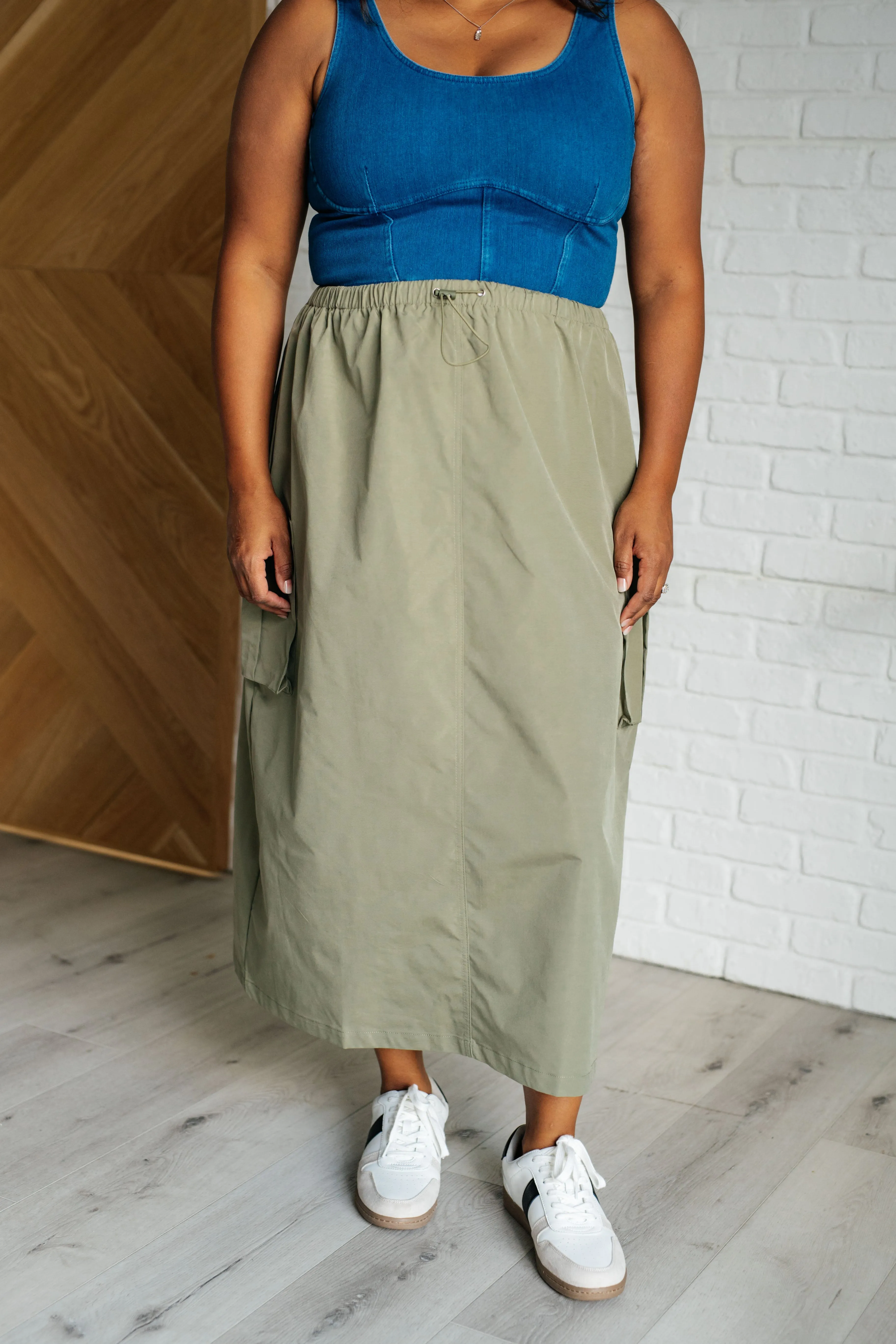 Lexi Cargo Skirt - Sage Green,  Midi, Pockets, Drawstring Waist