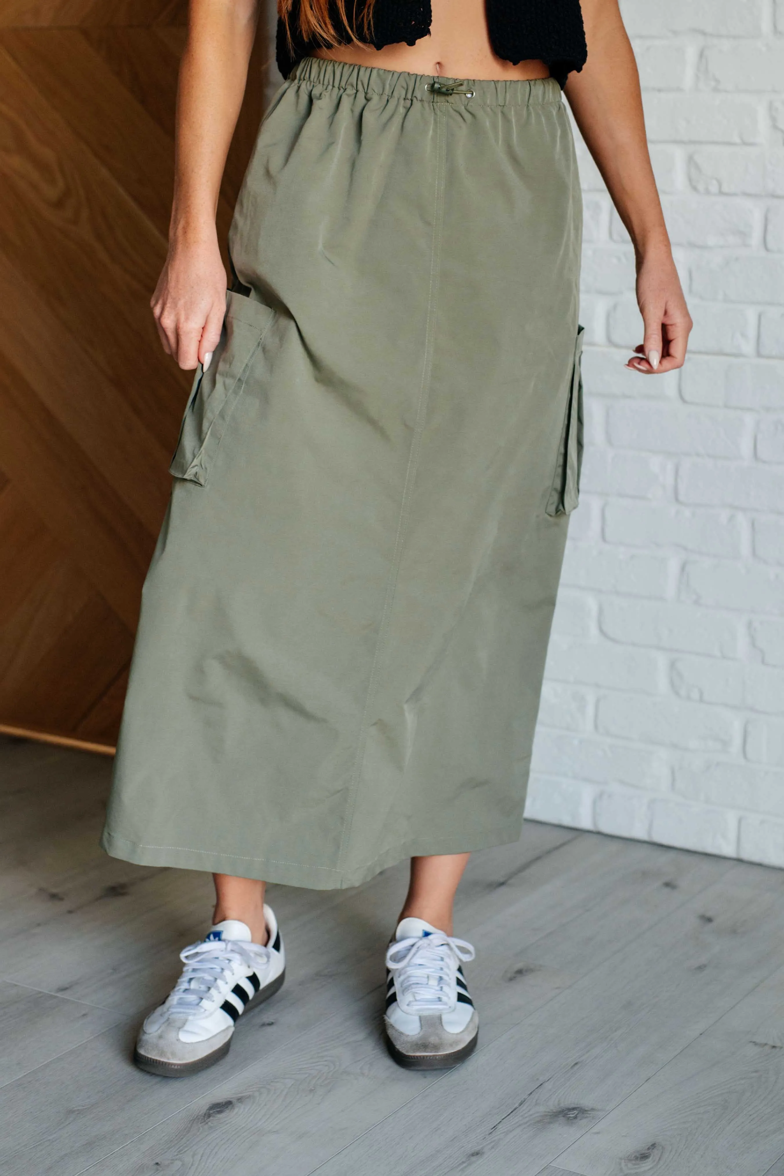 Lexi Cargo Skirt - Sage Green,  Midi, Pockets, Drawstring Waist
