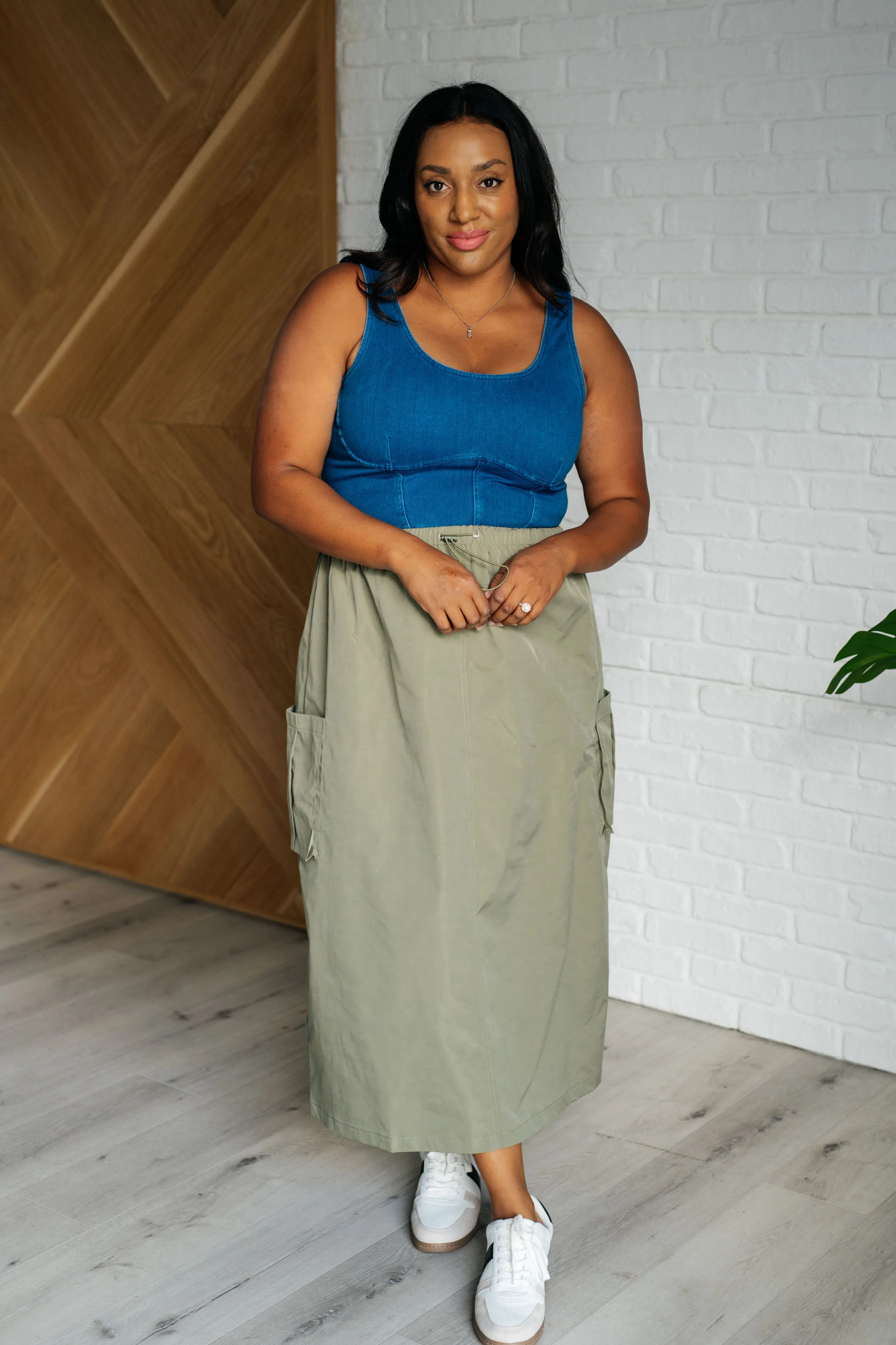 Lexi Cargo Skirt - Sage Green,  Midi, Pockets, Drawstring Waist