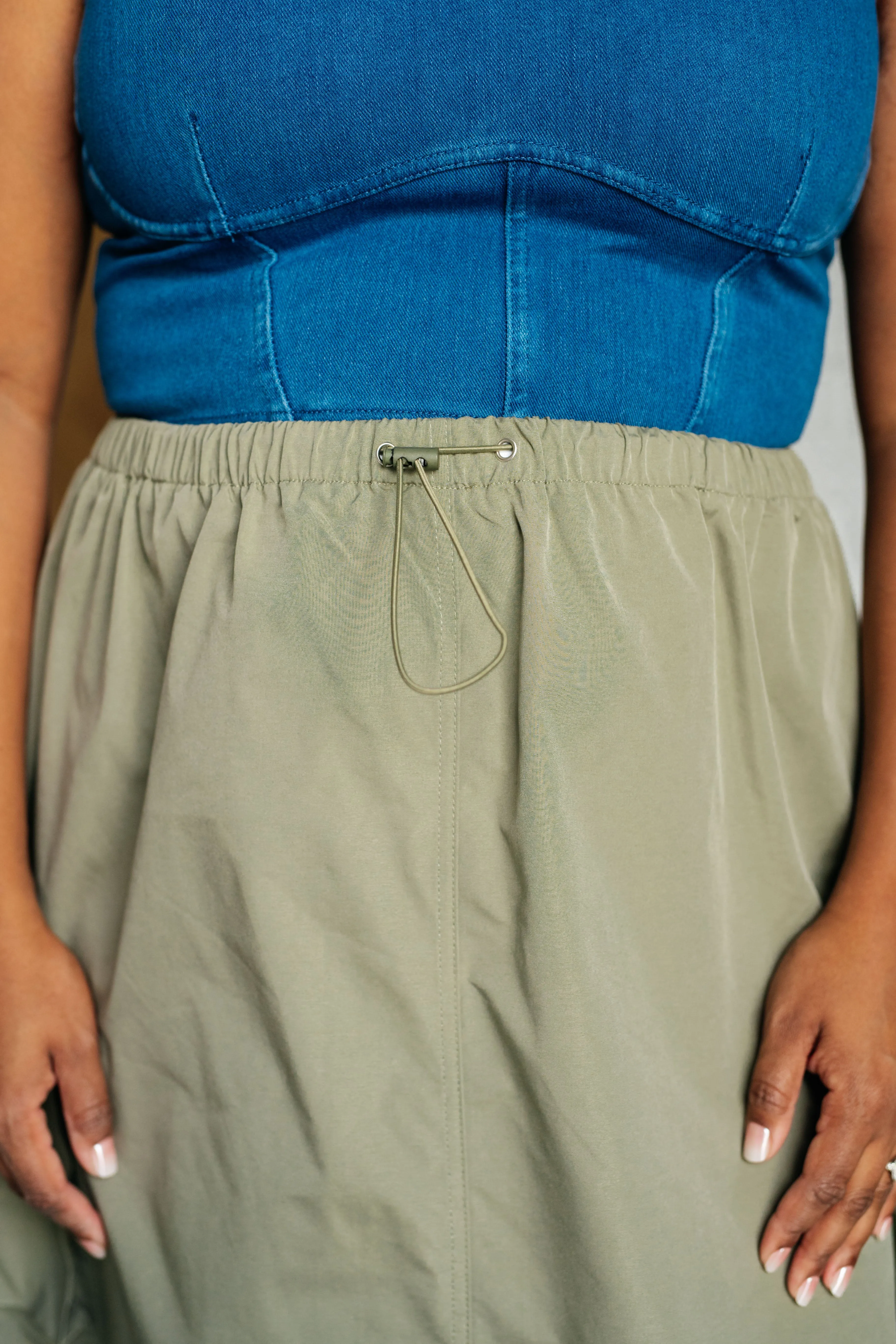 Lexi Cargo Skirt - Sage Green,  Midi, Pockets, Drawstring Waist