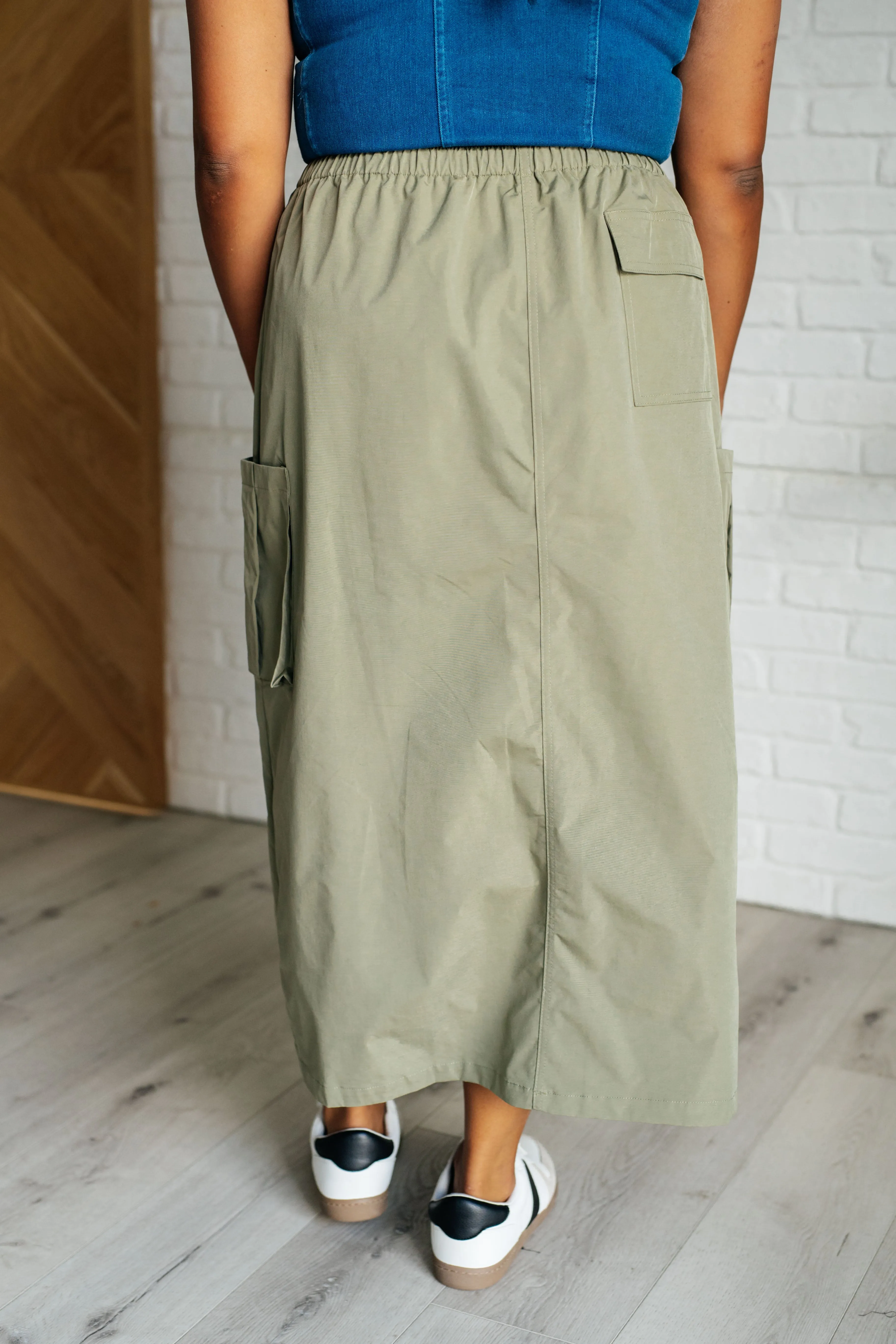 Lexi Cargo Skirt - Sage Green,  Midi, Pockets, Drawstring Waist