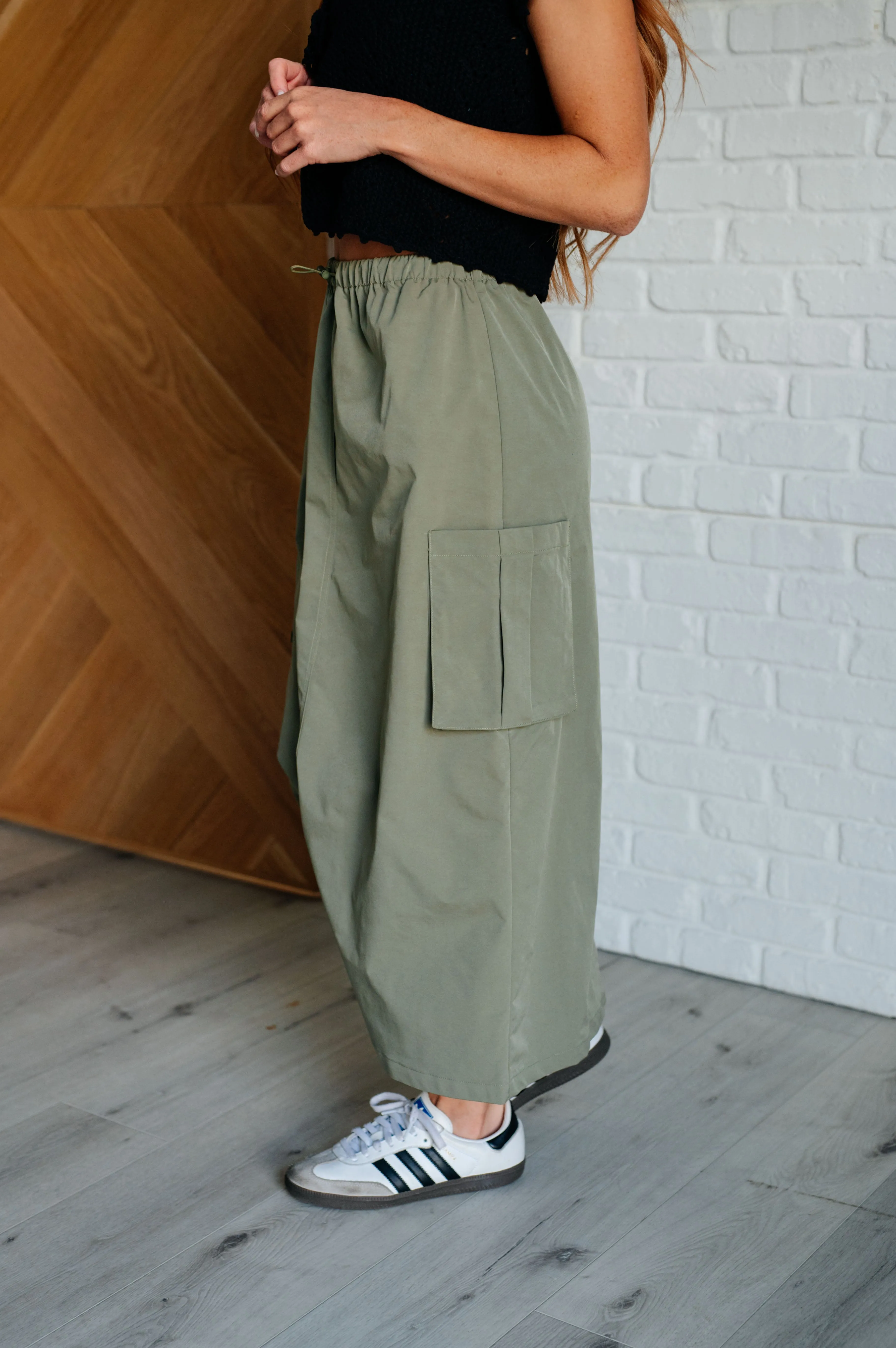 Lexi Cargo Skirt - Sage Green,  Midi, Pockets, Drawstring Waist
