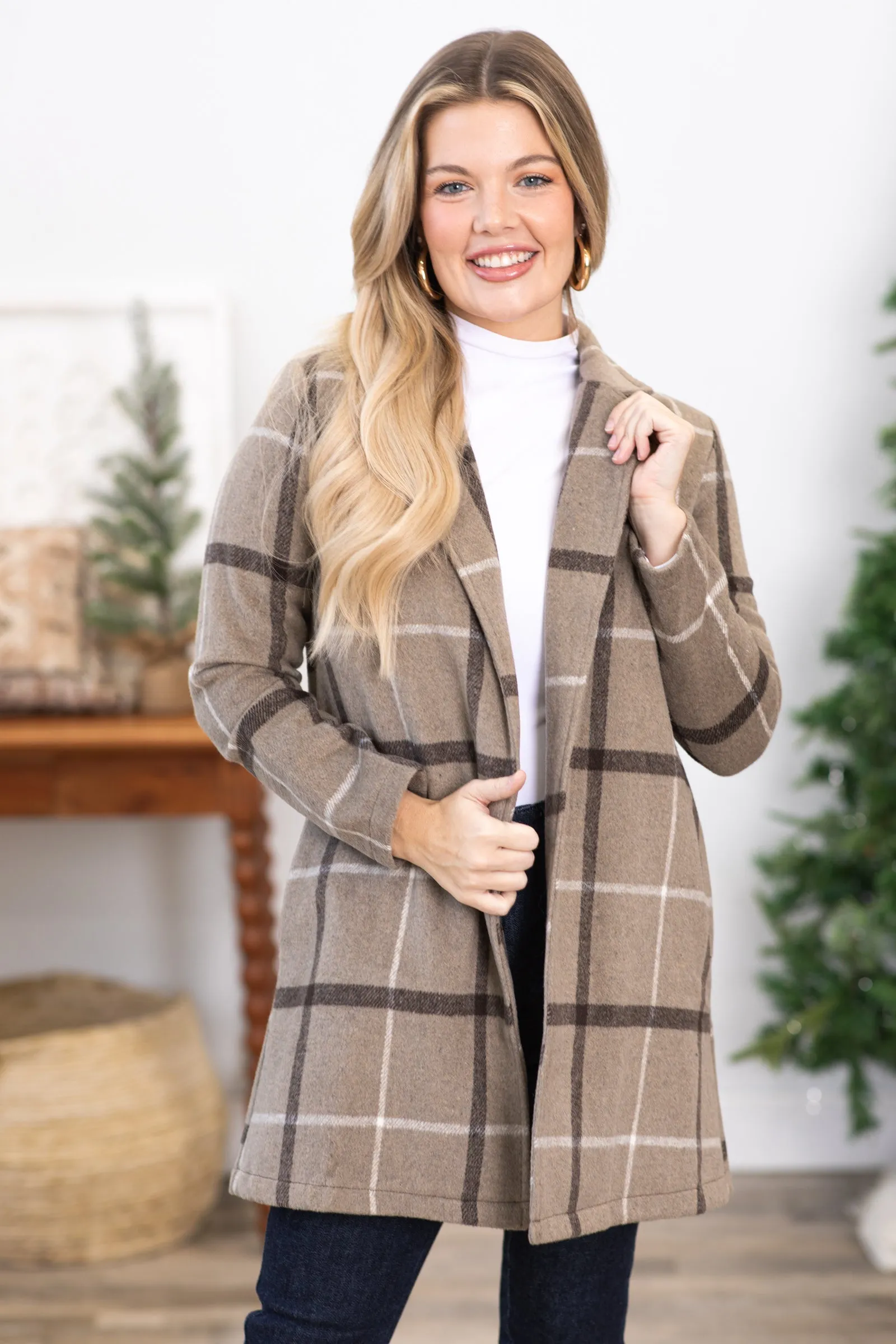 Light Mocha Plaid Mid Length Jacket