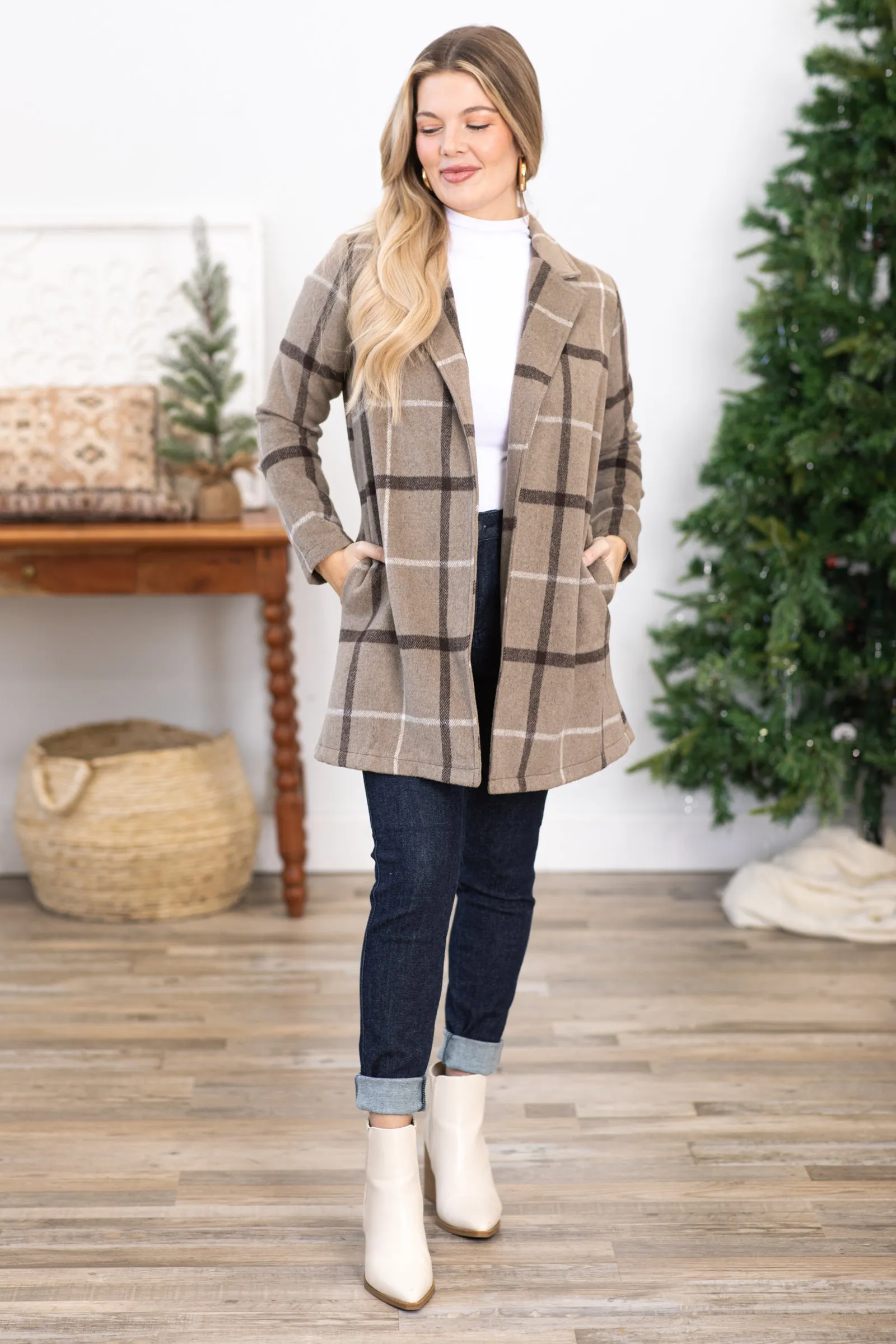 Light Mocha Plaid Mid Length Jacket