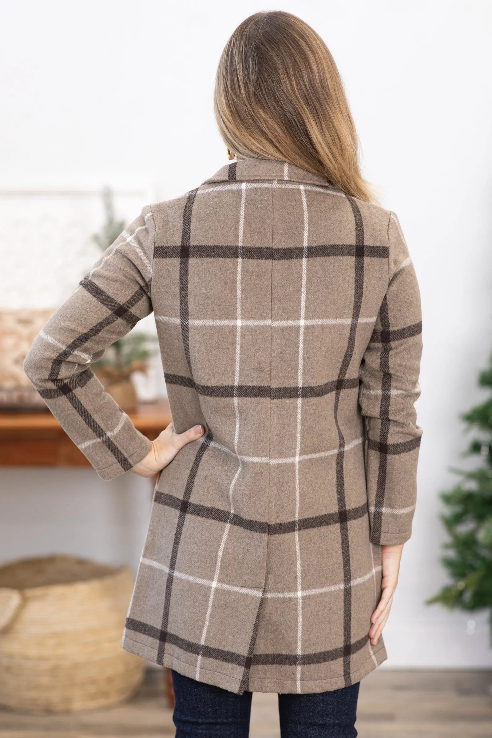 Light Mocha Plaid Mid Length Jacket