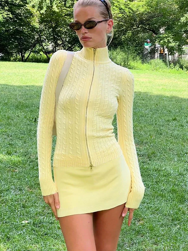 Long Sleeve Knitted Turtleneck Zip Up Sweater