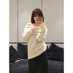 Loose woolen off-shoulder sweater