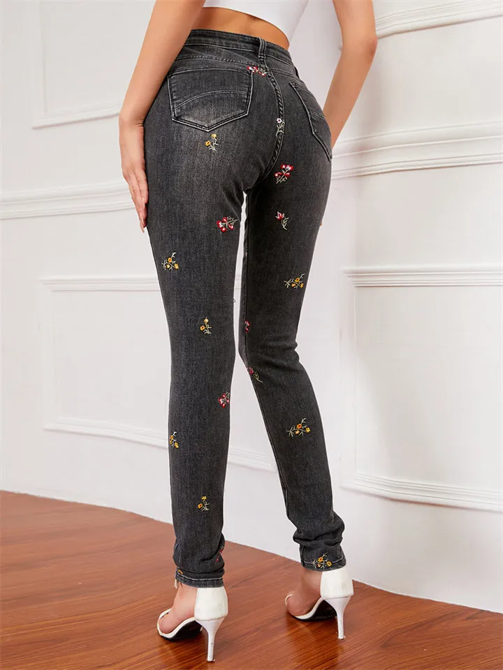 Lovely Small Floral Embroidery Slim Fit Black Denim Jeans for Women