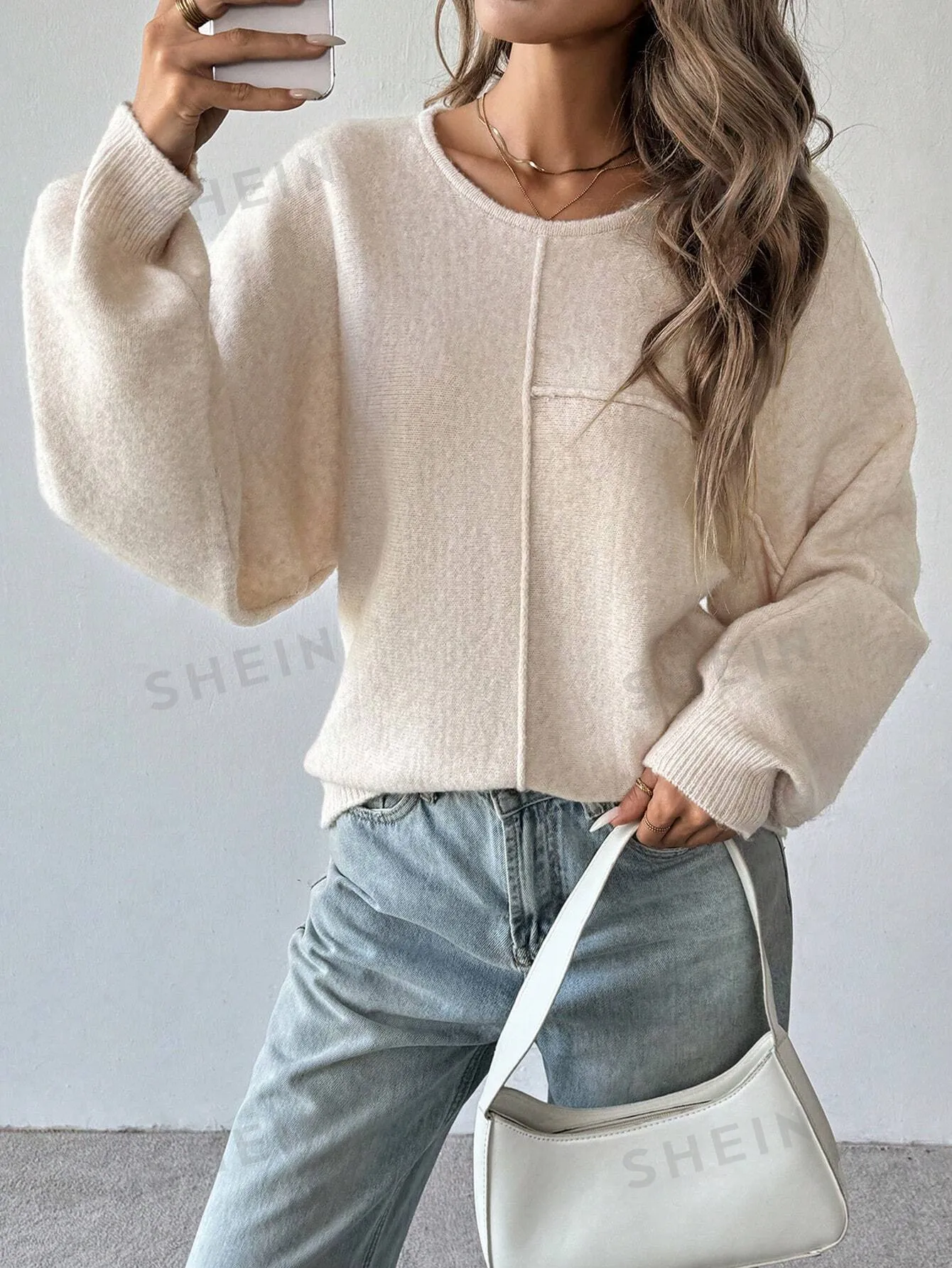 LUNE Women's Solid Color Round Neck Batwing Long Sleeve Casual Loose Sweater, Autumn/Winter