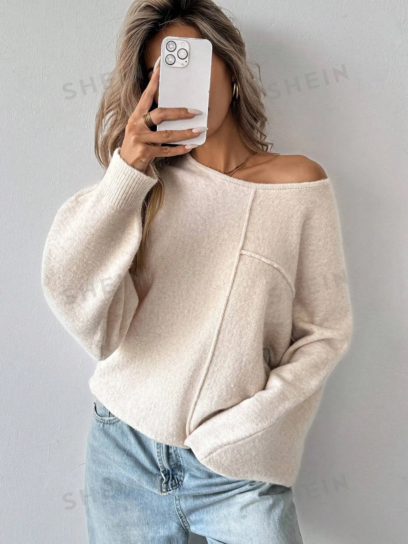 LUNE Women's Solid Color Round Neck Batwing Long Sleeve Casual Loose Sweater, Autumn/Winter