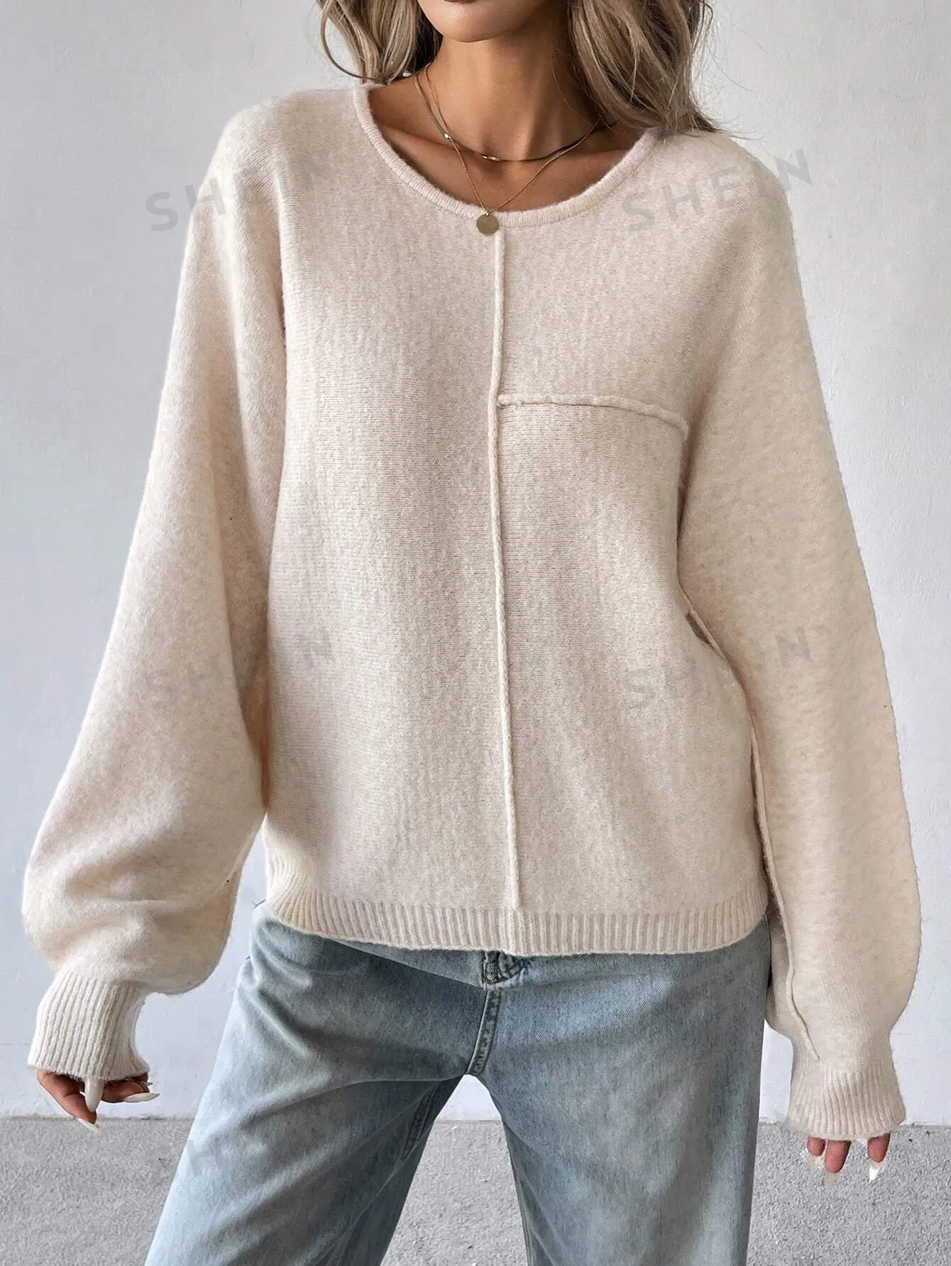 LUNE Women's Solid Color Round Neck Batwing Long Sleeve Casual Loose Sweater, Autumn/Winter