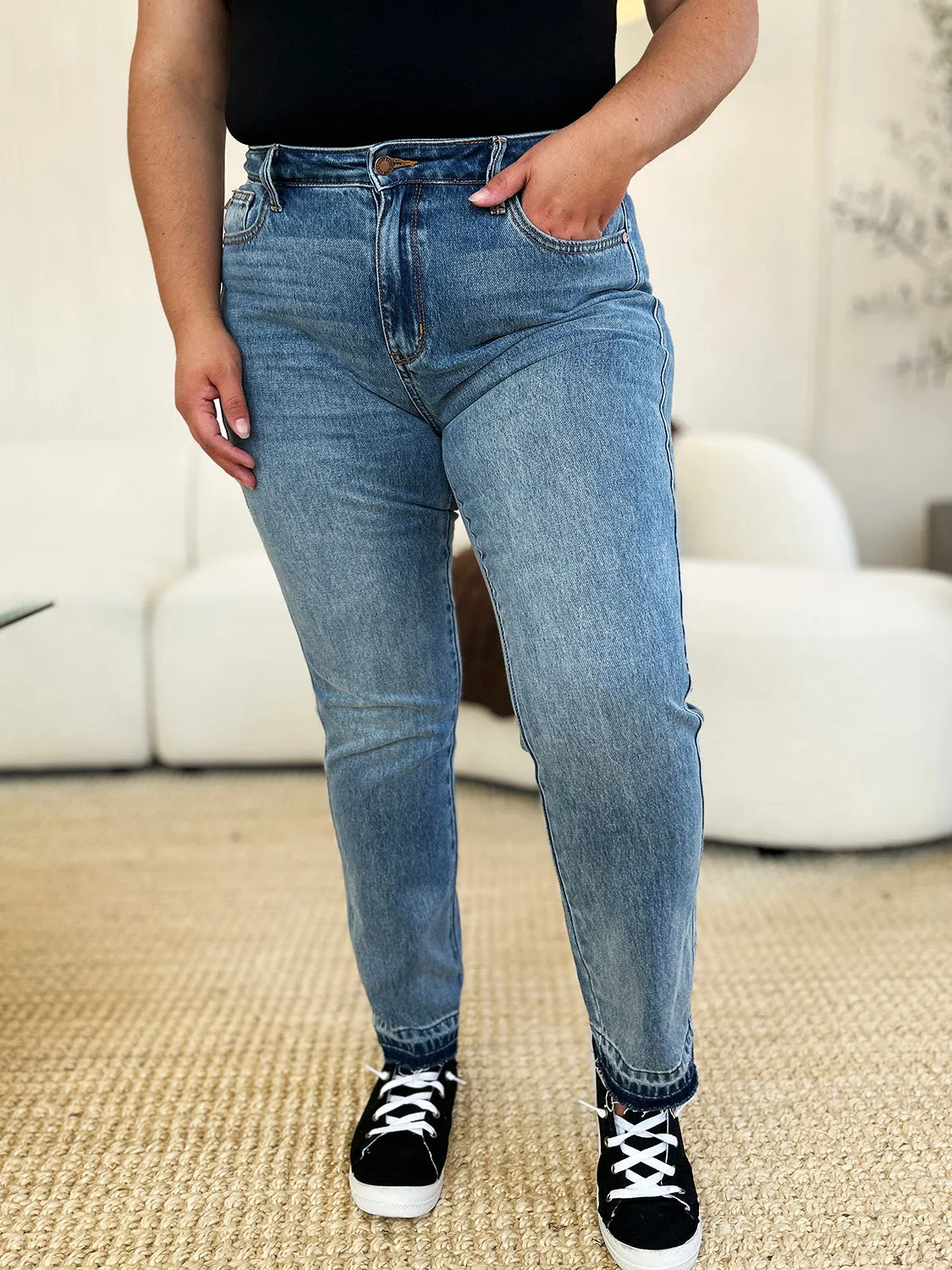 Merrill Mid Rise Release Hem Jeans by Judy Blue - Medium Wash, Relaxed Fit, Full Size Range