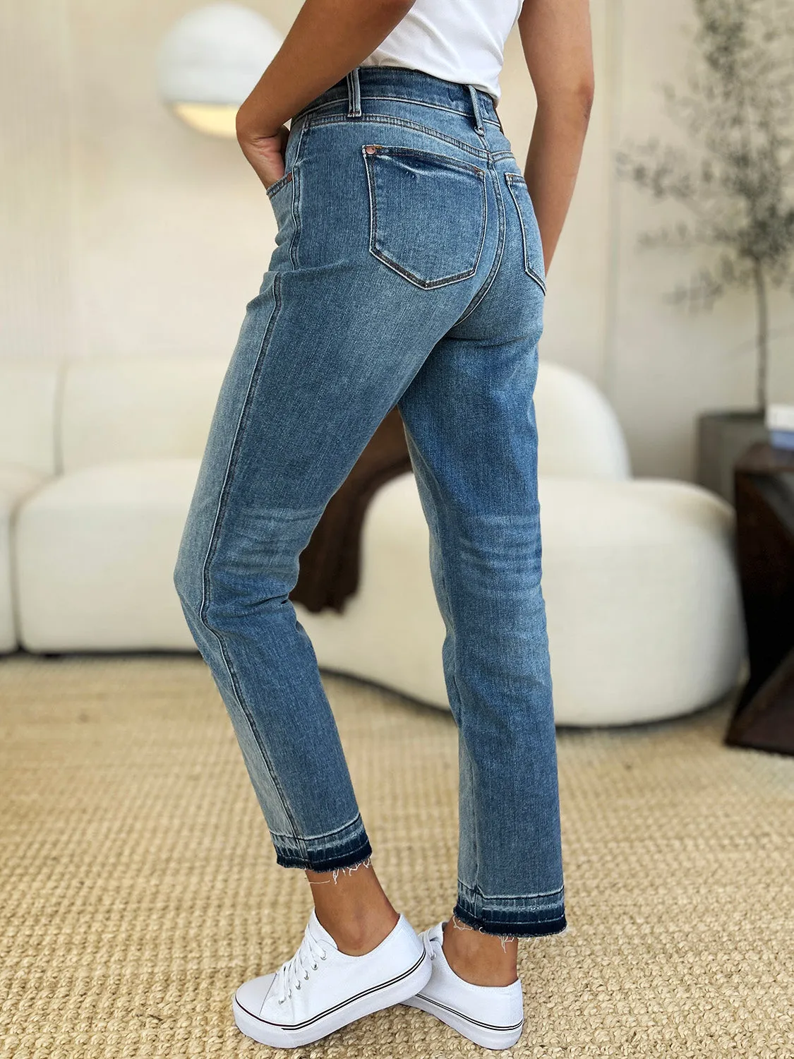 Merrill Mid Rise Release Hem Jeans by Judy Blue - Medium Wash, Relaxed Fit, Full Size Range