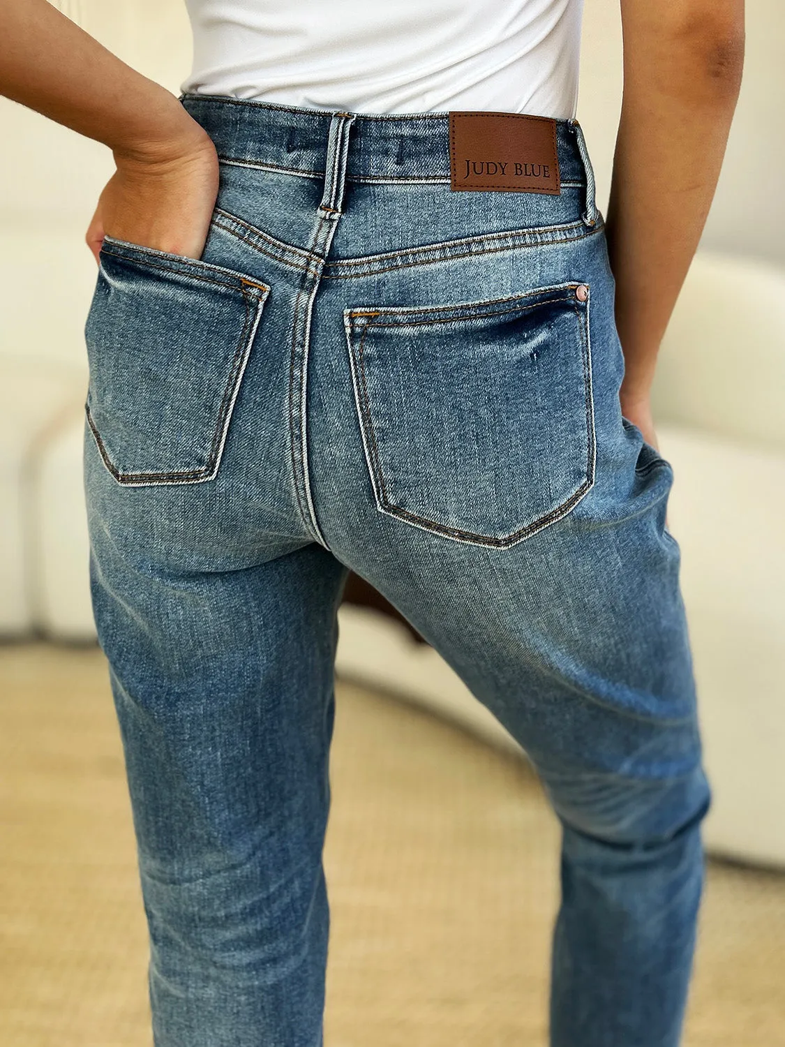 Merrill Mid Rise Release Hem Jeans by Judy Blue - Medium Wash, Relaxed Fit, Full Size Range