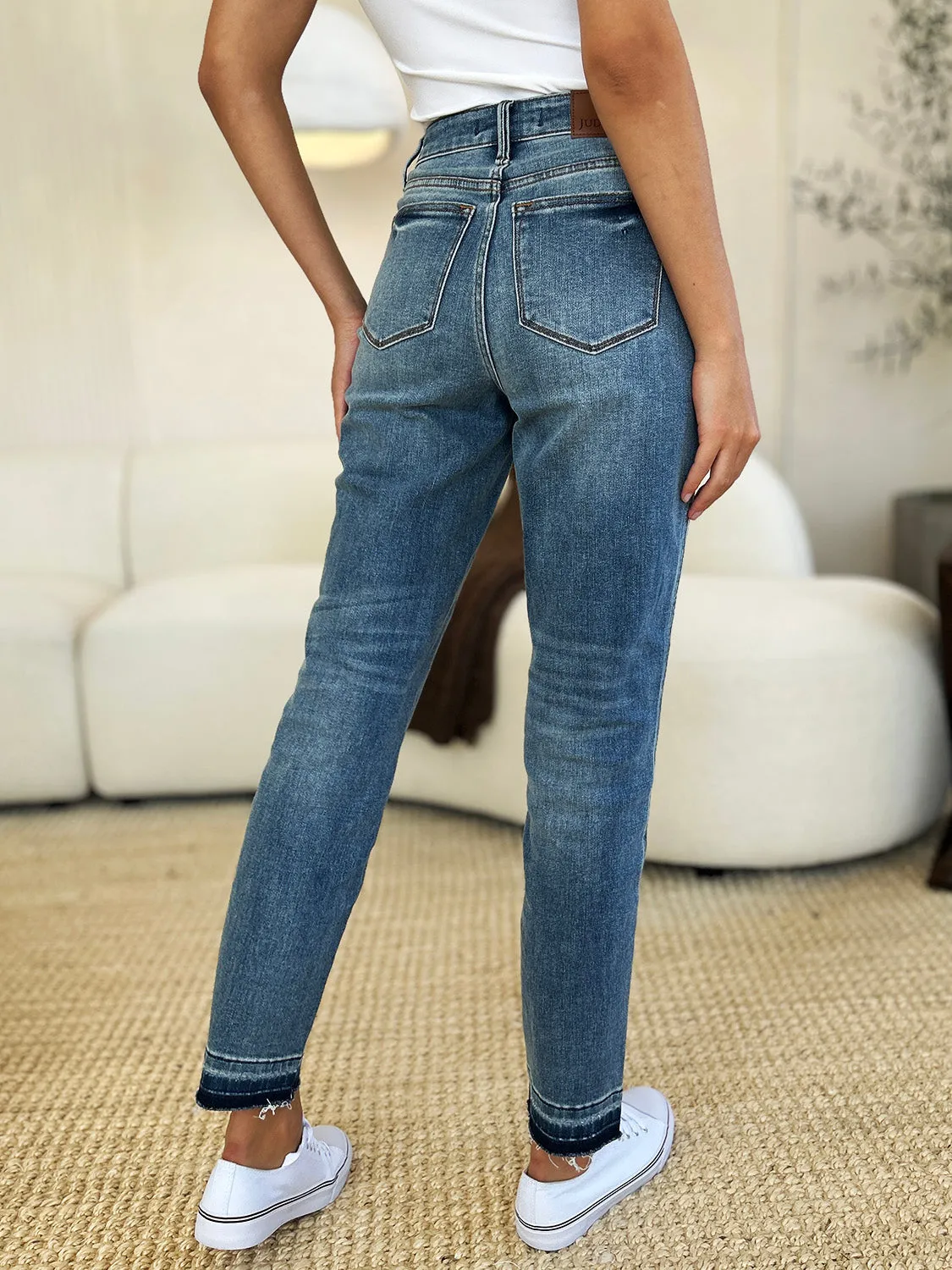 Merrill Mid Rise Release Hem Jeans by Judy Blue - Medium Wash, Relaxed Fit, Full Size Range