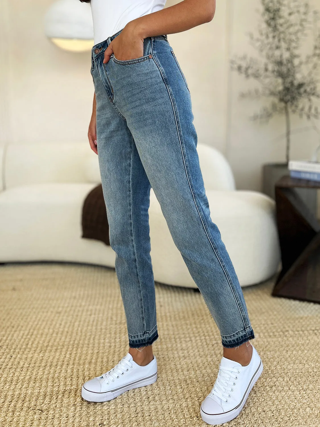 Merrill Mid Rise Release Hem Jeans by Judy Blue - Medium Wash, Relaxed Fit, Full Size Range