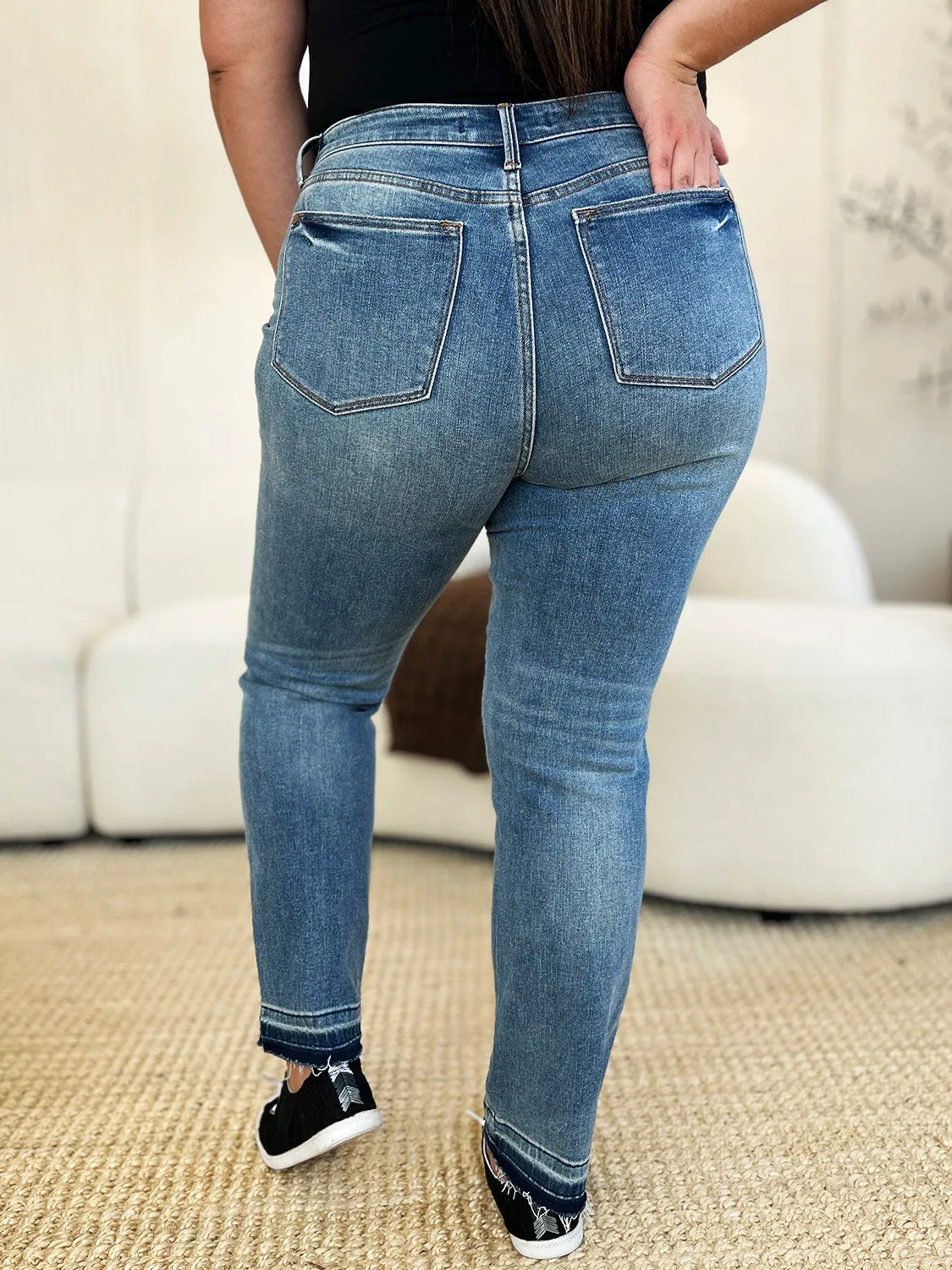 Merrill Mid Rise Release Hem Jeans by Judy Blue - Medium Wash, Relaxed Fit, Full Size Range