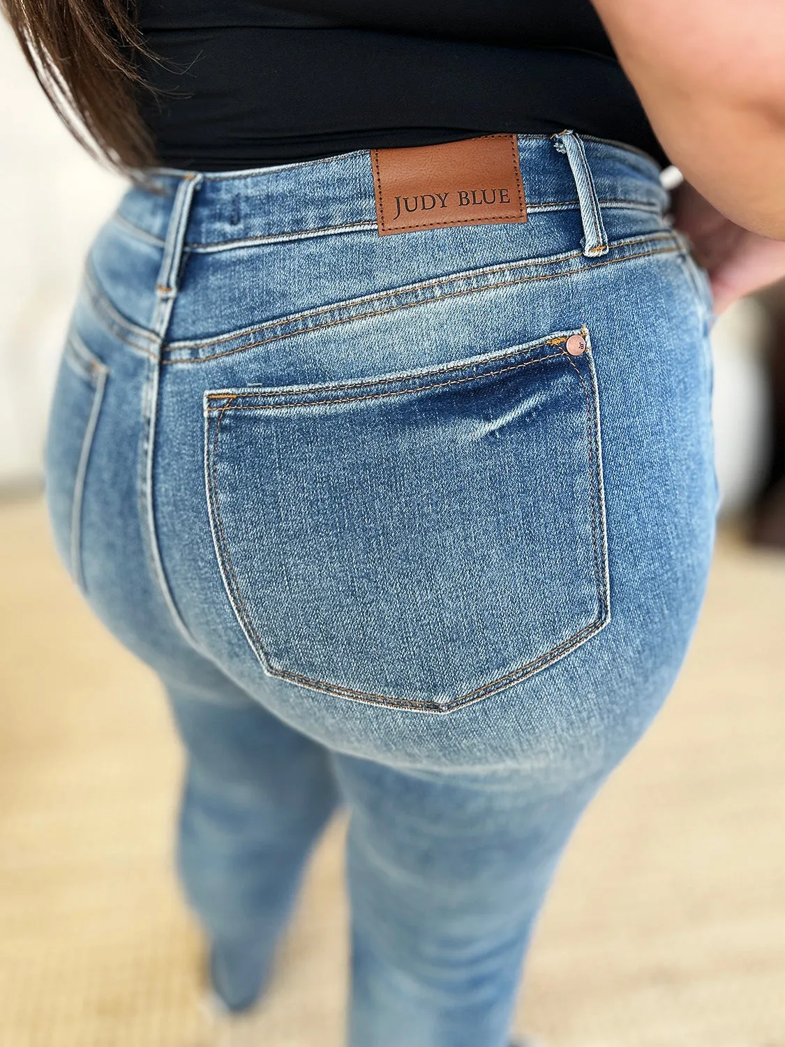 Merrill Mid Rise Release Hem Jeans by Judy Blue - Medium Wash, Relaxed Fit, Full Size Range