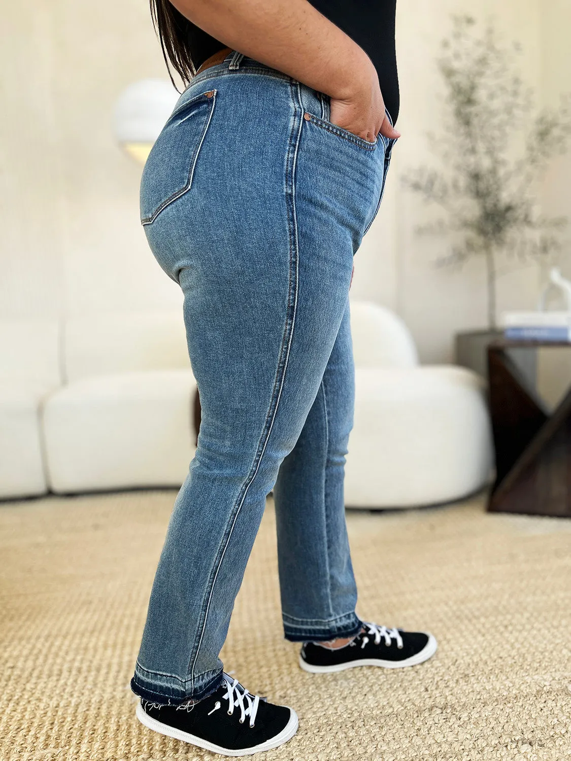 Merrill Mid Rise Release Hem Jeans by Judy Blue - Medium Wash, Relaxed Fit, Full Size Range