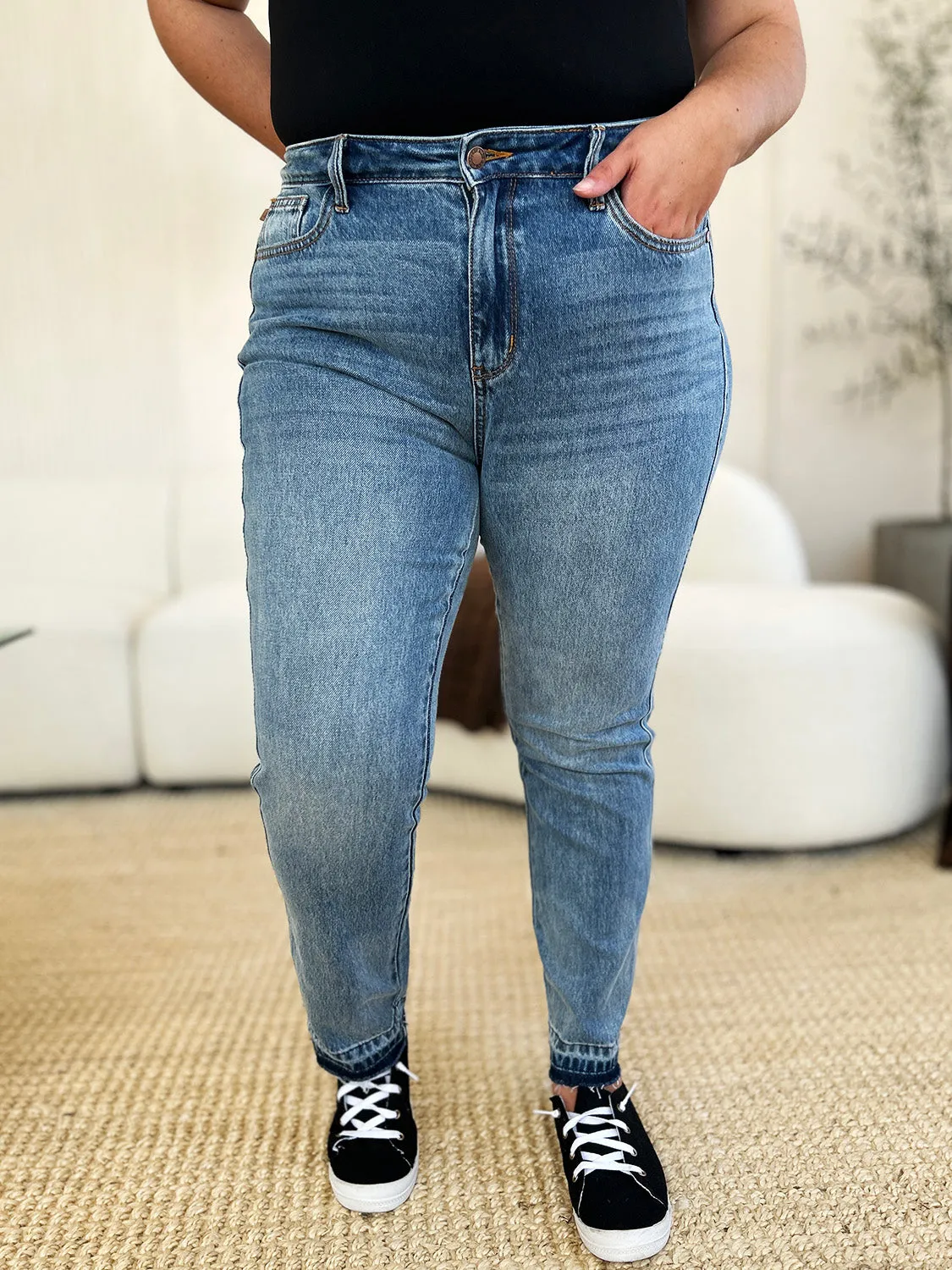 Merrill Mid Rise Release Hem Jeans by Judy Blue - Medium Wash, Relaxed Fit, Full Size Range