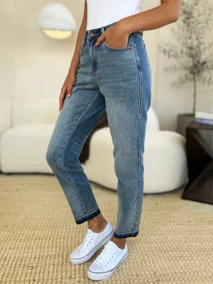 Merrill Mid Rise Release Hem Jeans by Judy Blue - Medium Wash, Relaxed Fit, Full Size Range