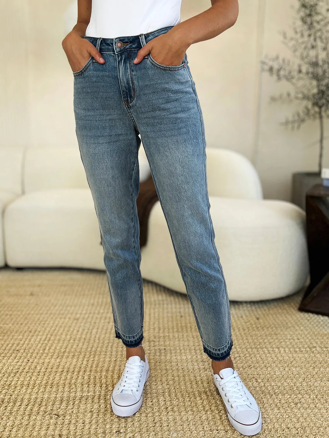 Merrill Mid Rise Release Hem Jeans by Judy Blue - Medium Wash, Relaxed Fit, Full Size Range