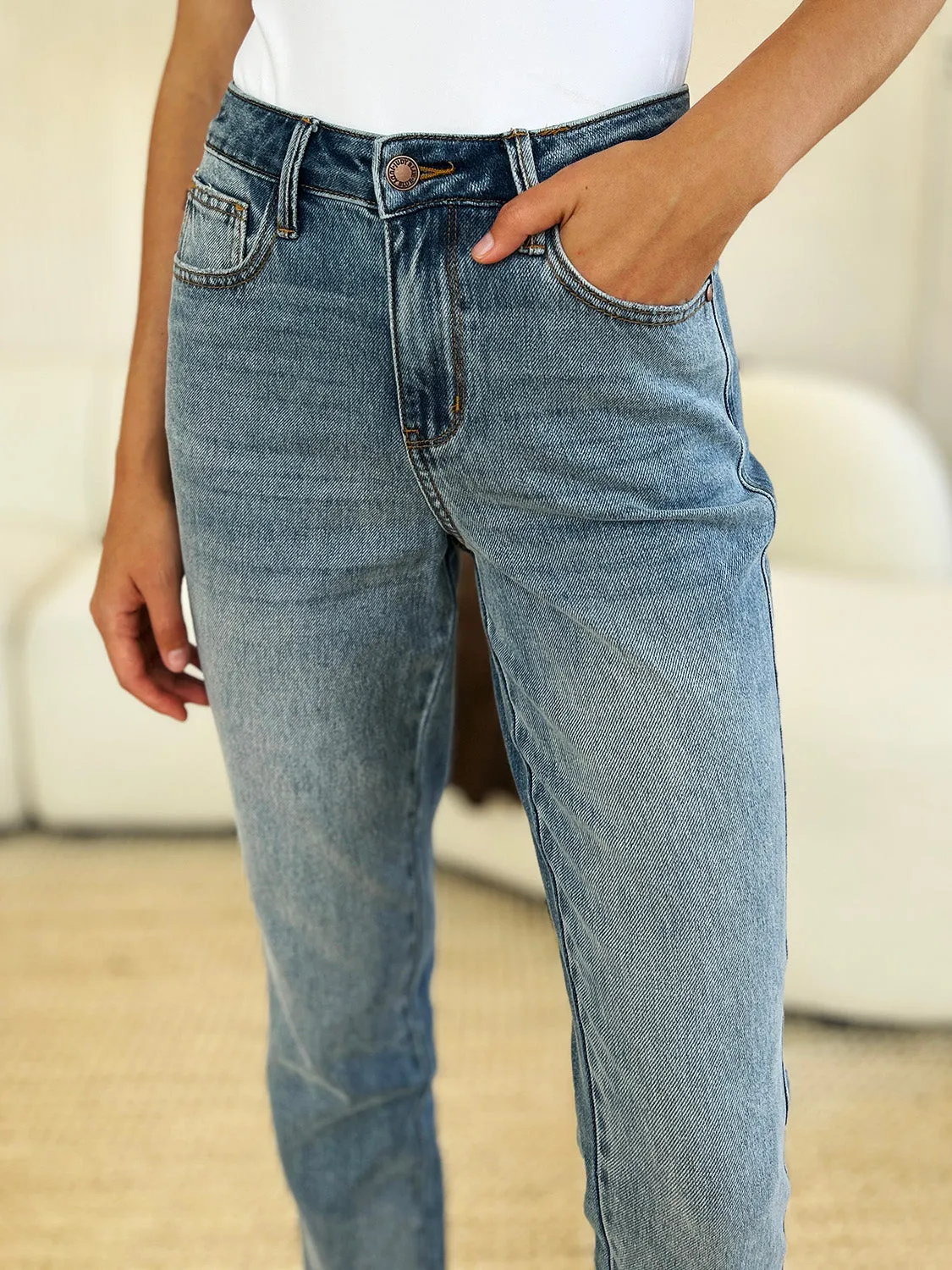 Merrill Mid Rise Release Hem Jeans by Judy Blue - Medium Wash, Relaxed Fit, Full Size Range