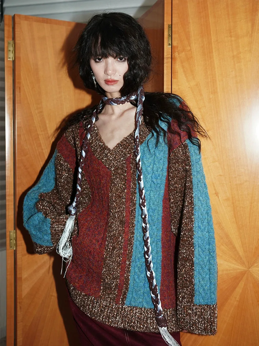 Multicolored Patchwork Knit Sweater