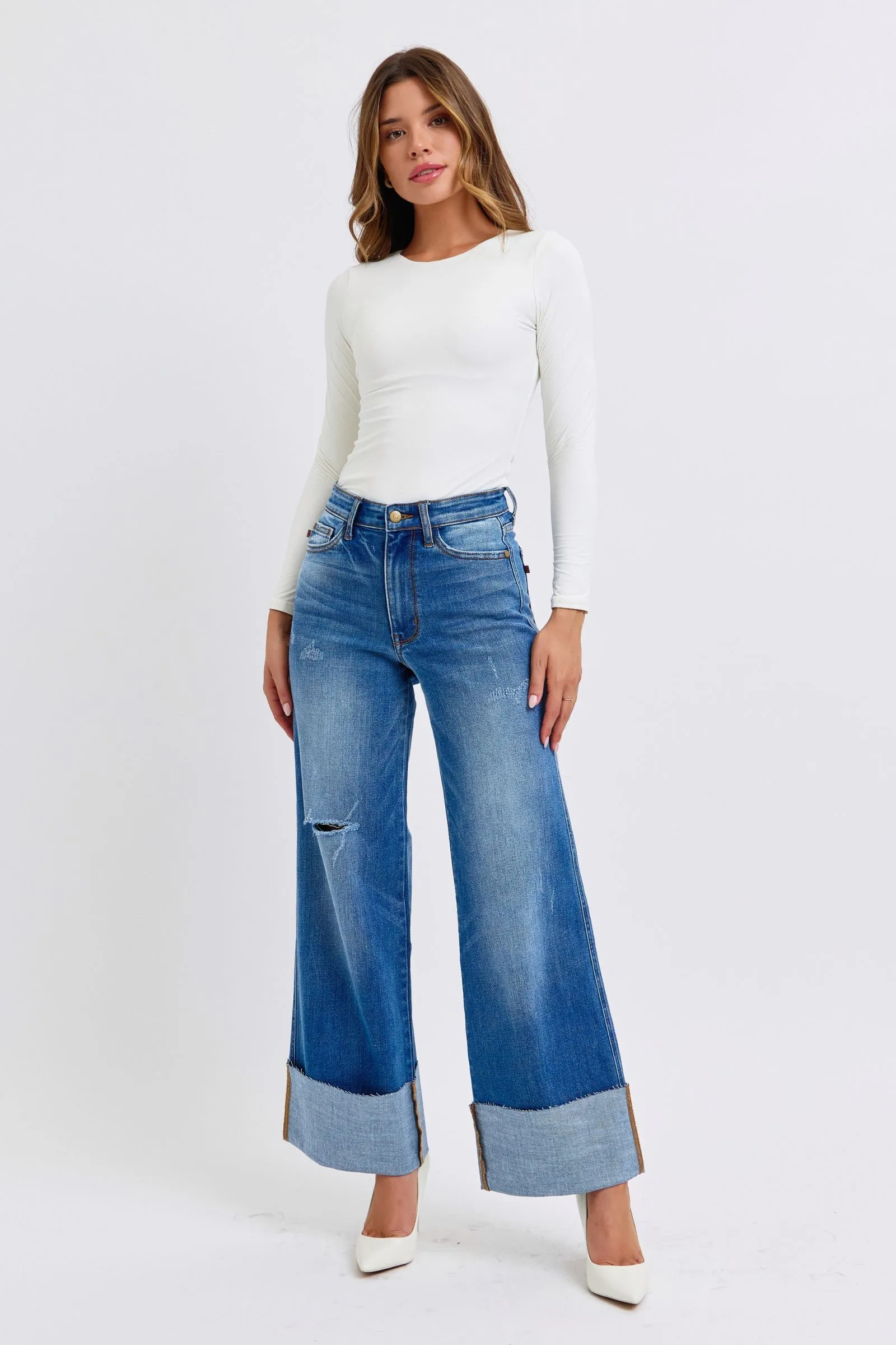 Nare Distressed Wide Leg Jeans - High Waist, Judy Blue, Moderate Stretch