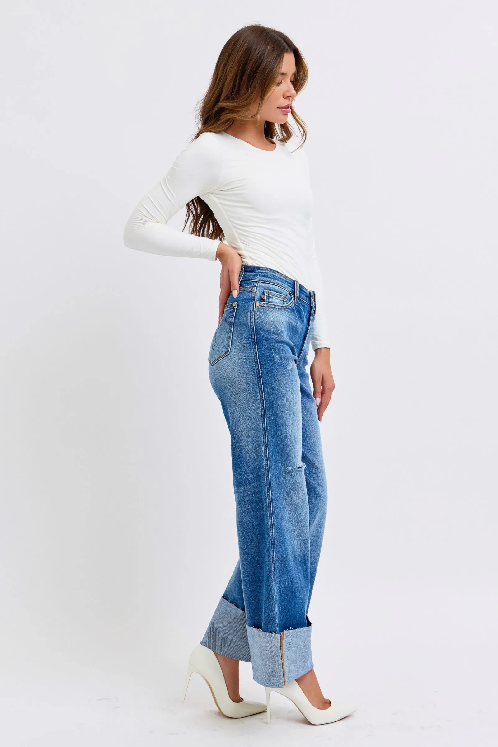 Nare Distressed Wide Leg Jeans - High Waist, Judy Blue, Moderate Stretch