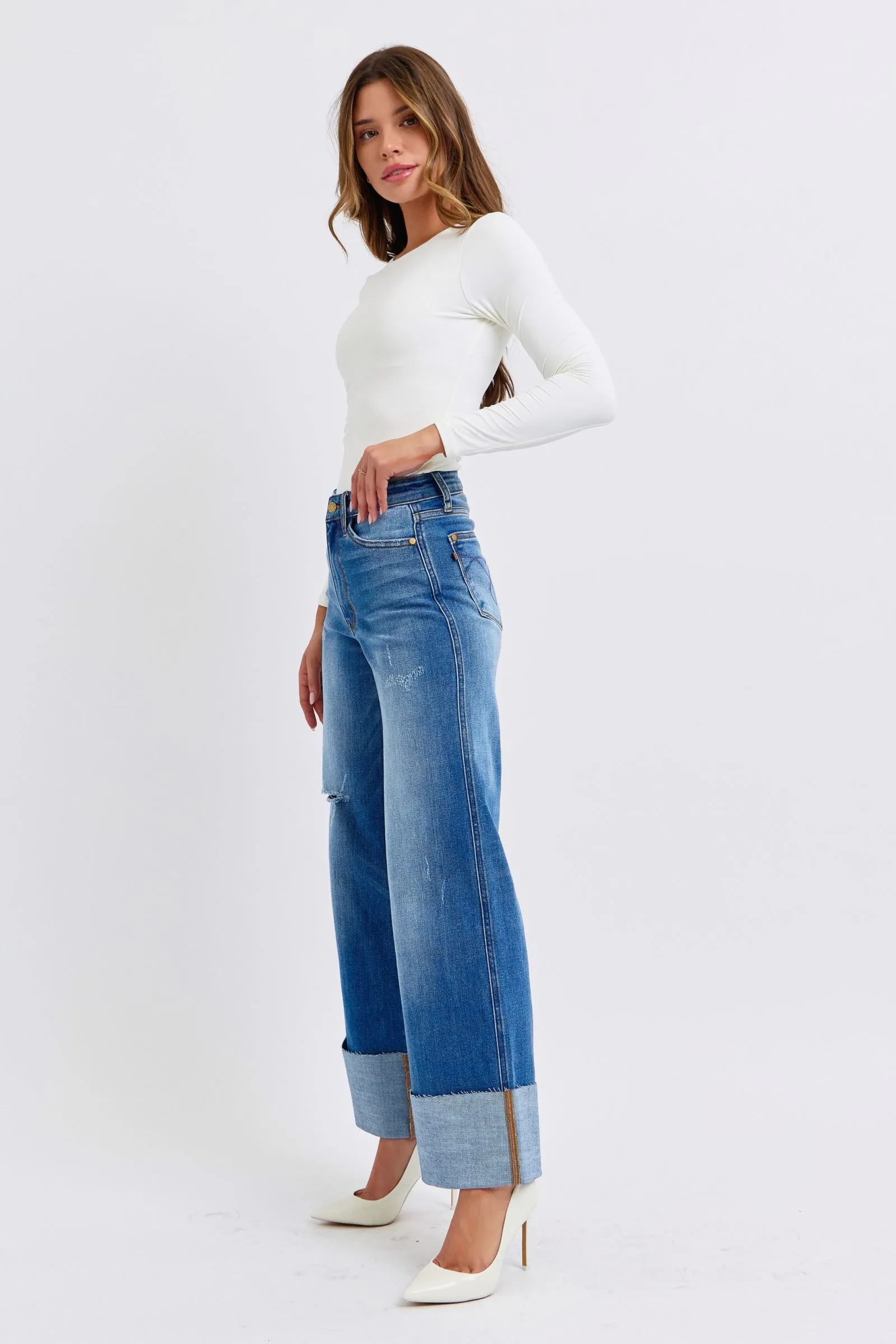 Nare Distressed Wide Leg Jeans - High Waist, Judy Blue, Moderate Stretch